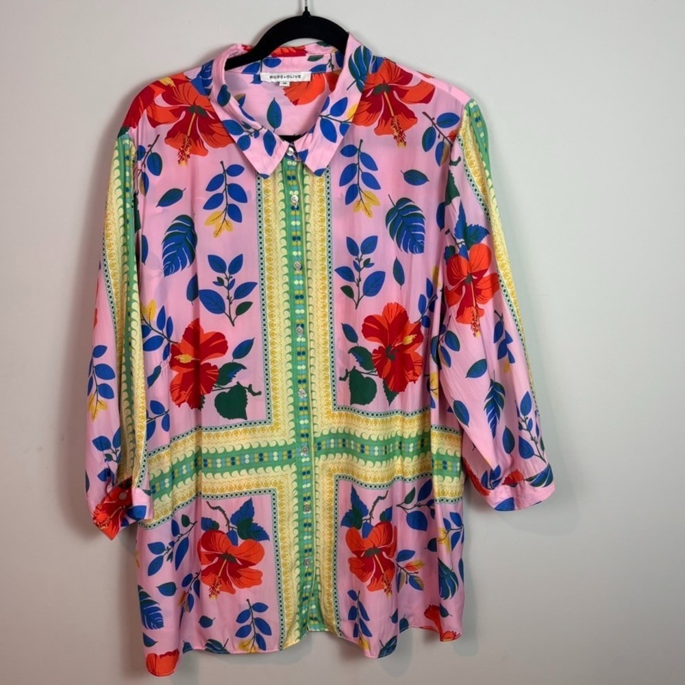 Rose & Olive Womens Colorful Floral 3/4 Sleeve Button up Blouse 3X Lightweight